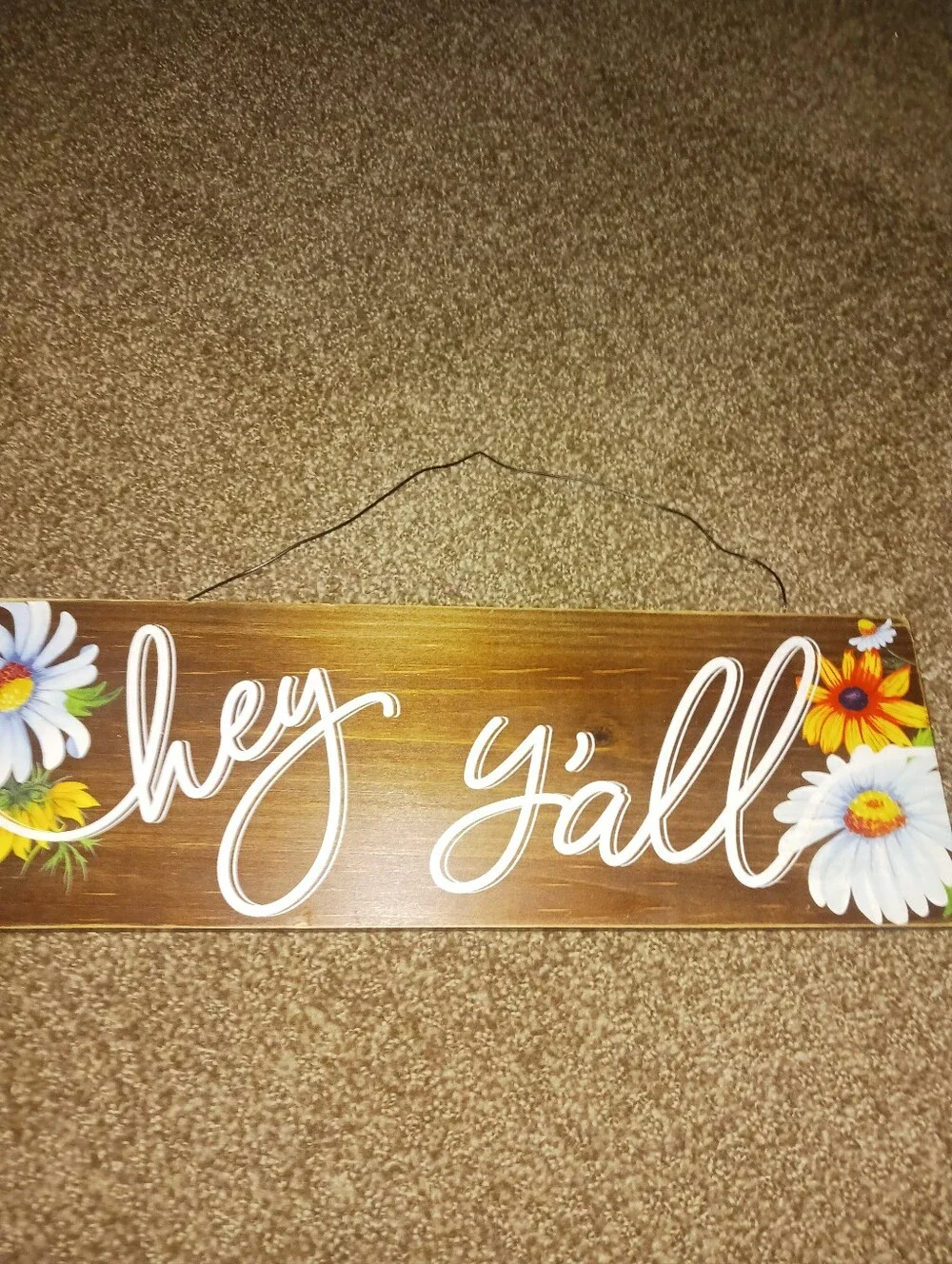 Hey Y'all Wooden Wall Sign - Brown with White Script and Floral Accents
